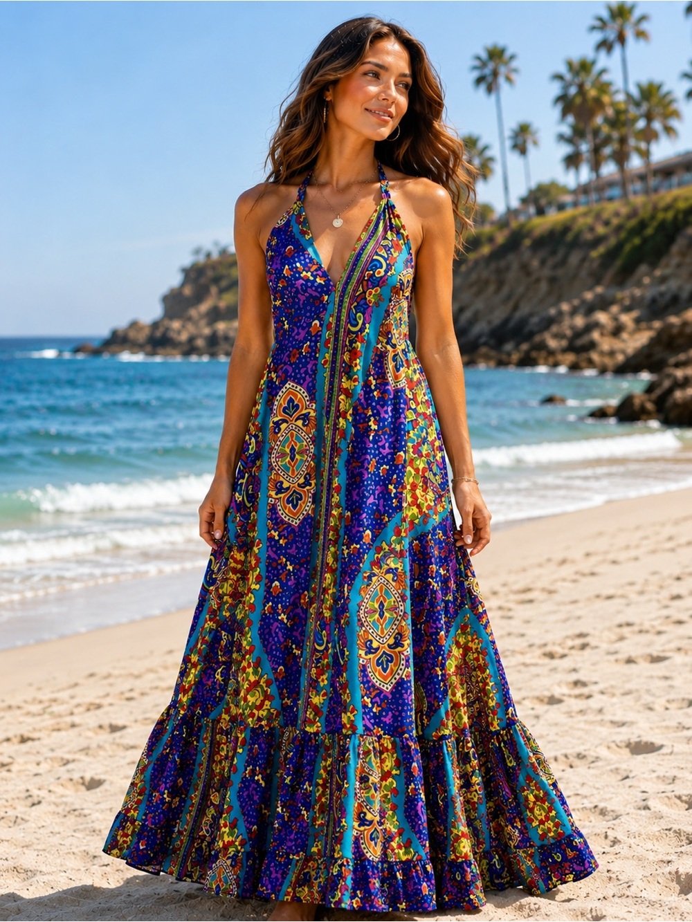 Fullah Sugah Bohemian Paisley Print Deep V-Neck Halter Dress Silk/Viscose - Sz L